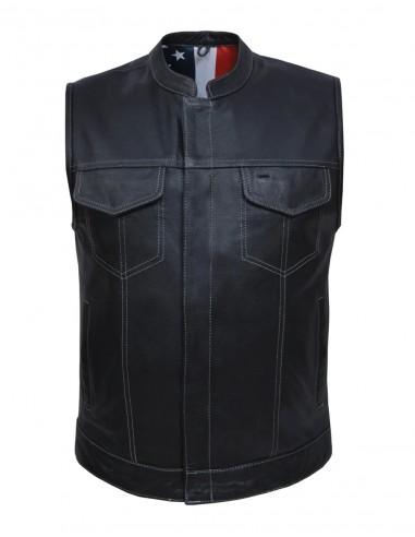 'Unik' Men's USA Flag Lined Leather Vest -Black de pas cher