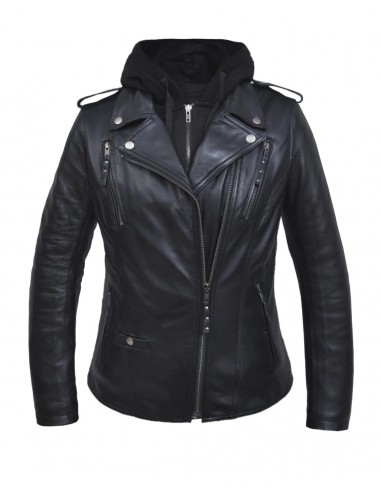 'Unik' Women's 3 in 1 Hoodie Lambskin Leather Jacket - Black la chaussure